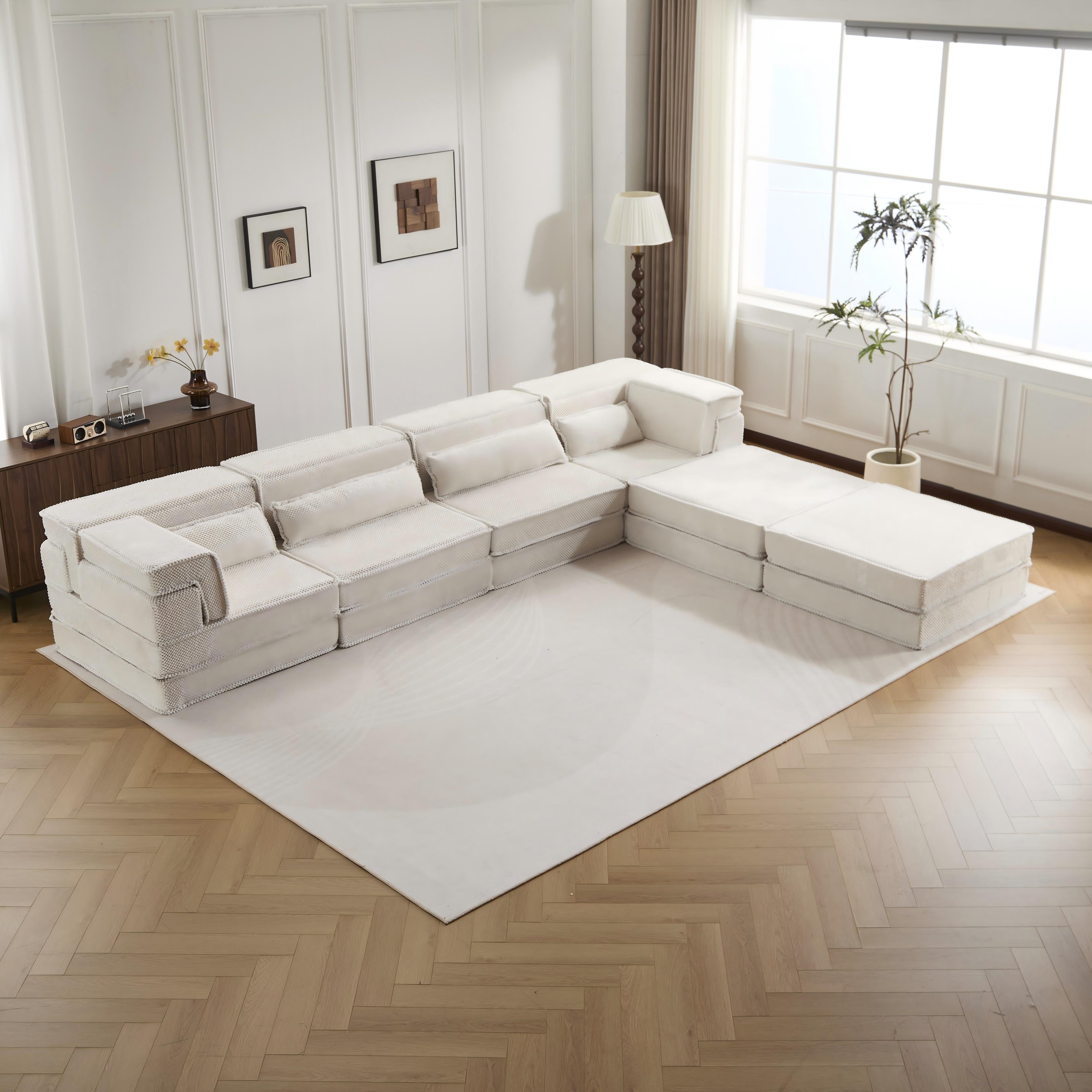 Sofá Mahjong de Compresión, Sofá Cama Convertible para el Suelo, Sofá Seccional Modular sin Huesos DIY, Sin Ensamblaje Requerido, Tejido de Felpa Circular, Para 4 Personas de Tamaño Excesivo con 2 Otomanos, Blanco