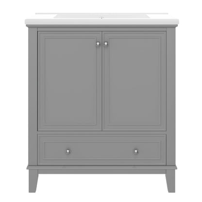 30 Bathroom Vanity With Sink Combo, Multi-functional Bathroom Cabinet With Doors And Drawer, Solid Frame And MDF Board, Grey