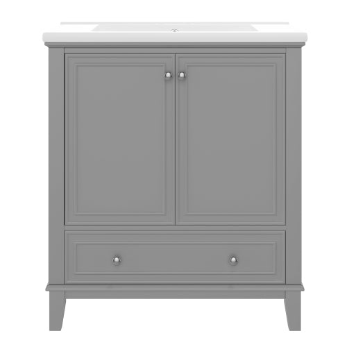 Lavabo de baño de 30 pulgadas con fregadero combinado, armario de baño multifuncional con puertas y cajón, marco sólido y tablero de MDF, gris