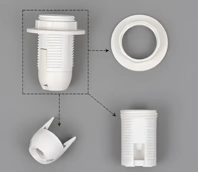White plastic e27 lamp bulb holder fitting with ribbed texture and threaded base for living room socket use