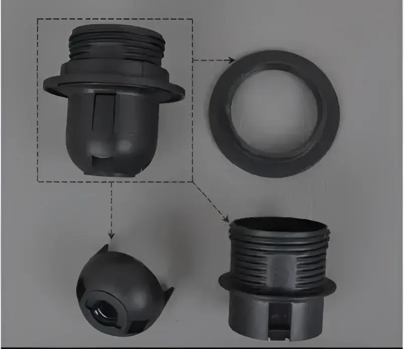 Black plastic e27 lamp bulb holder fitting with threaded metal insert and rubber gasket for living room use