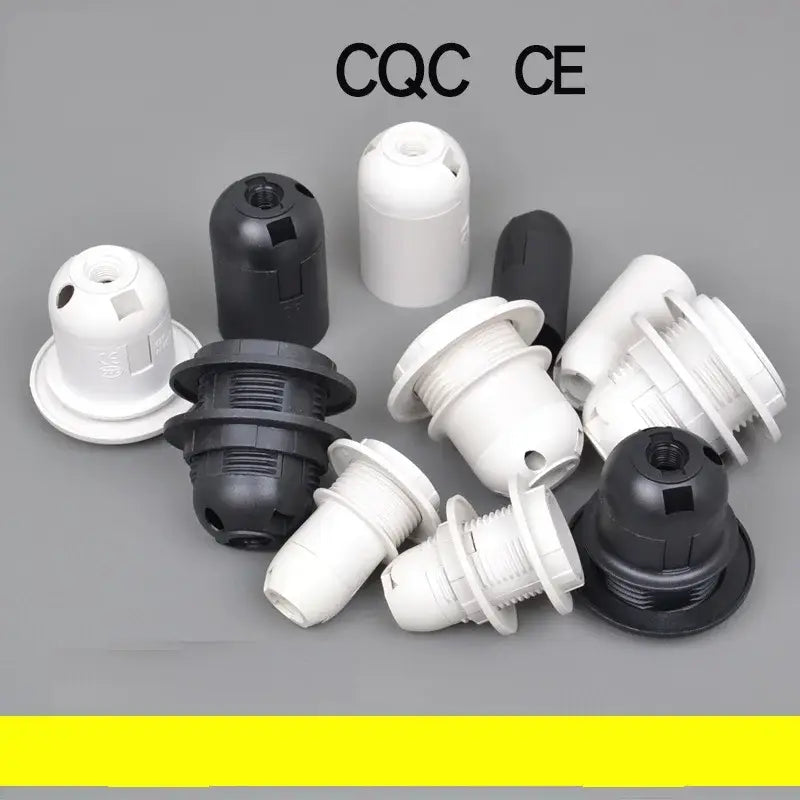 Black and white plastic e27 lamp bulb holder fitting with threaded bases and molded flanges for living room use