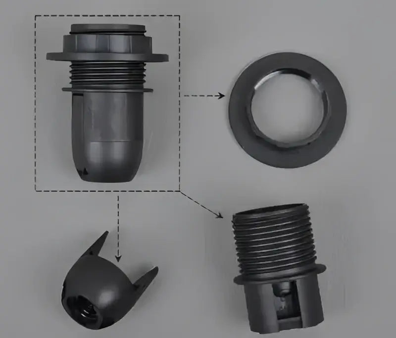Black plastic e27 lamp bulb holder fitting with threaded fittings and flanged base for living room use