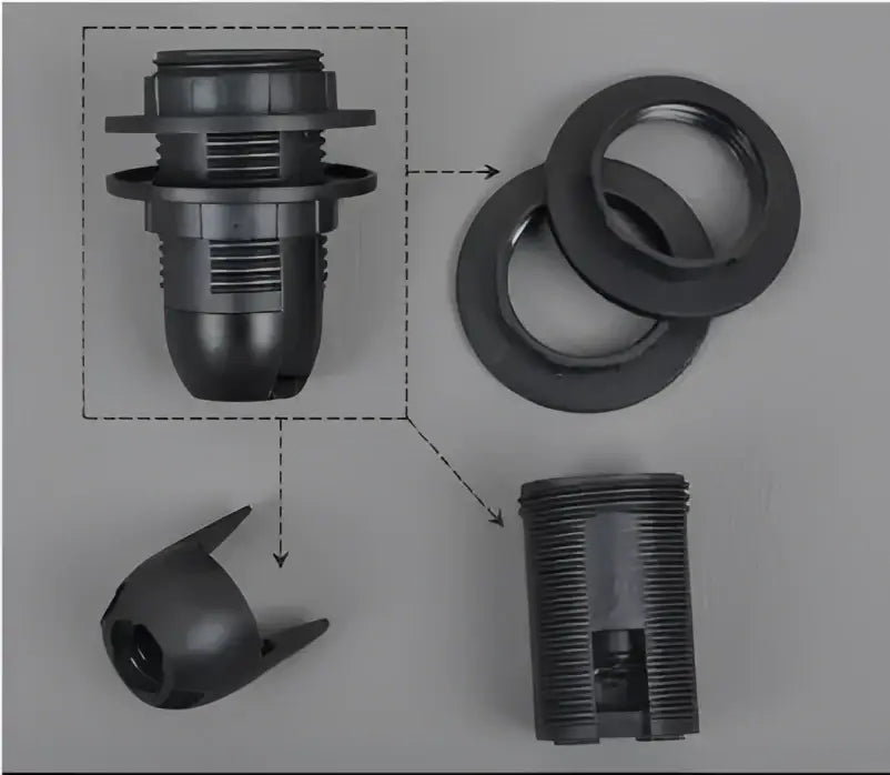 Black plastic e27 lamp bulb holder fitting with threaded components and detachable cap for living room socket assembly