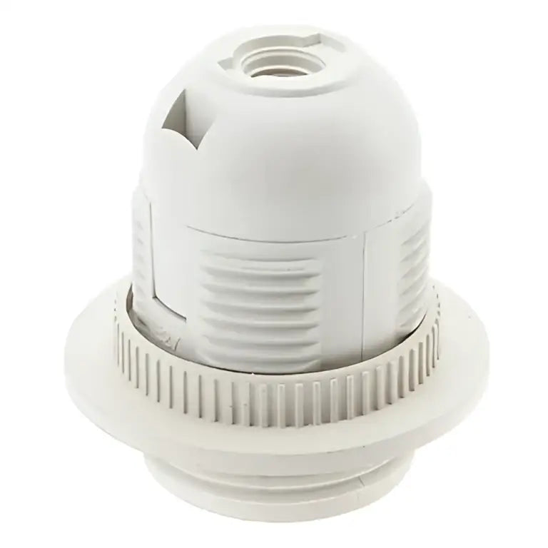 White plastic e27 lamp bulb holder fitting with ribbed texture and threaded base for living room use