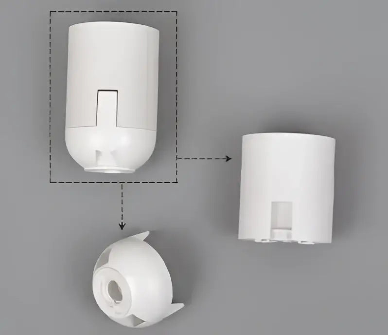 White plastic e27 lamp bulb holder fitting with rectangular slot and rounded base for living room use