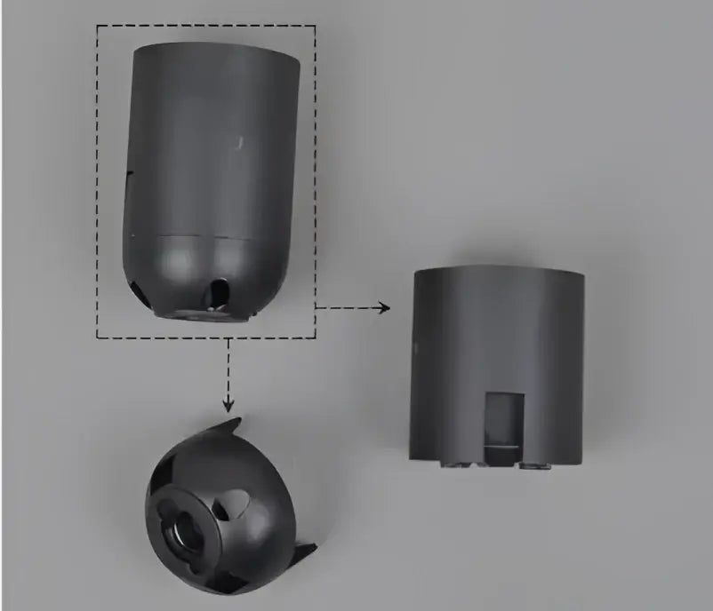 Dark gray cylindrical e27 lamp bulb holder fitting with rounded base and small side openings for living room use
