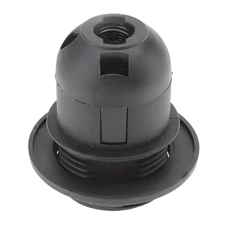 Black plastic e27 lamp bulb holder fitting with threaded top and flanged base for living room use