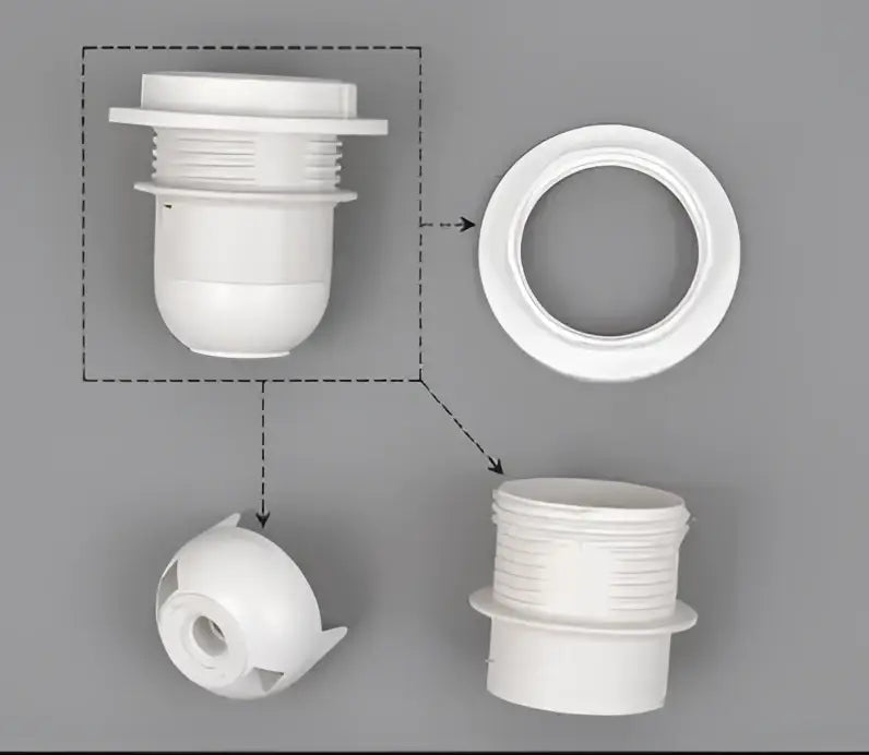 White plastic e27 lamp bulb holder fitting with threaded connections and flanged base for living room use