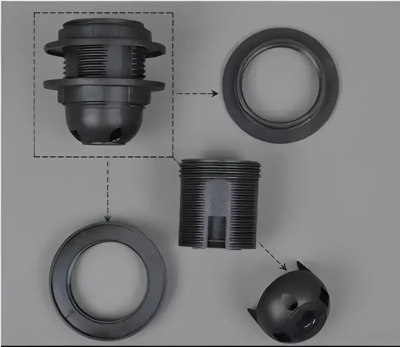 Black plastic e27 lamp bulb holder fitting showing the assembly for living room light fixture installation