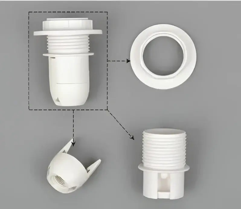 White plastic e27 lamp bulb holder with threaded base and flanged top for living room bulb holder fitting