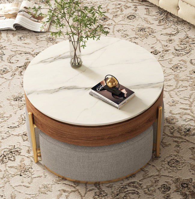 Mesa de Centro con Carga Superior Extensible de 3 Patas Apilable con Almacenamiento Incluye 3 Taburetes