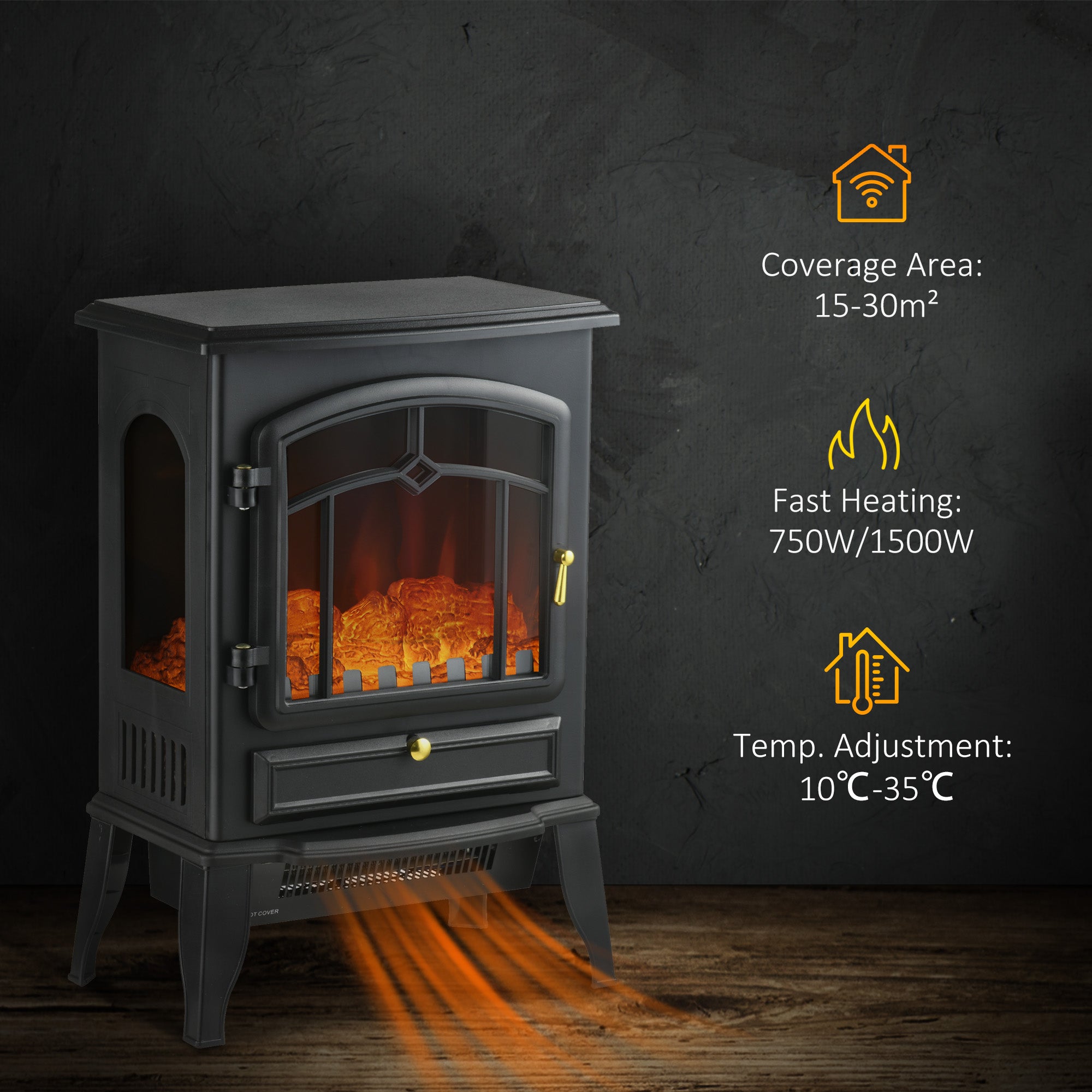 Calentador de Chimenea Eléctrica Chimenea Autoportante con Llama Realista de Tres Lados Protección contra Sobrecalentamiento 750W/1500W