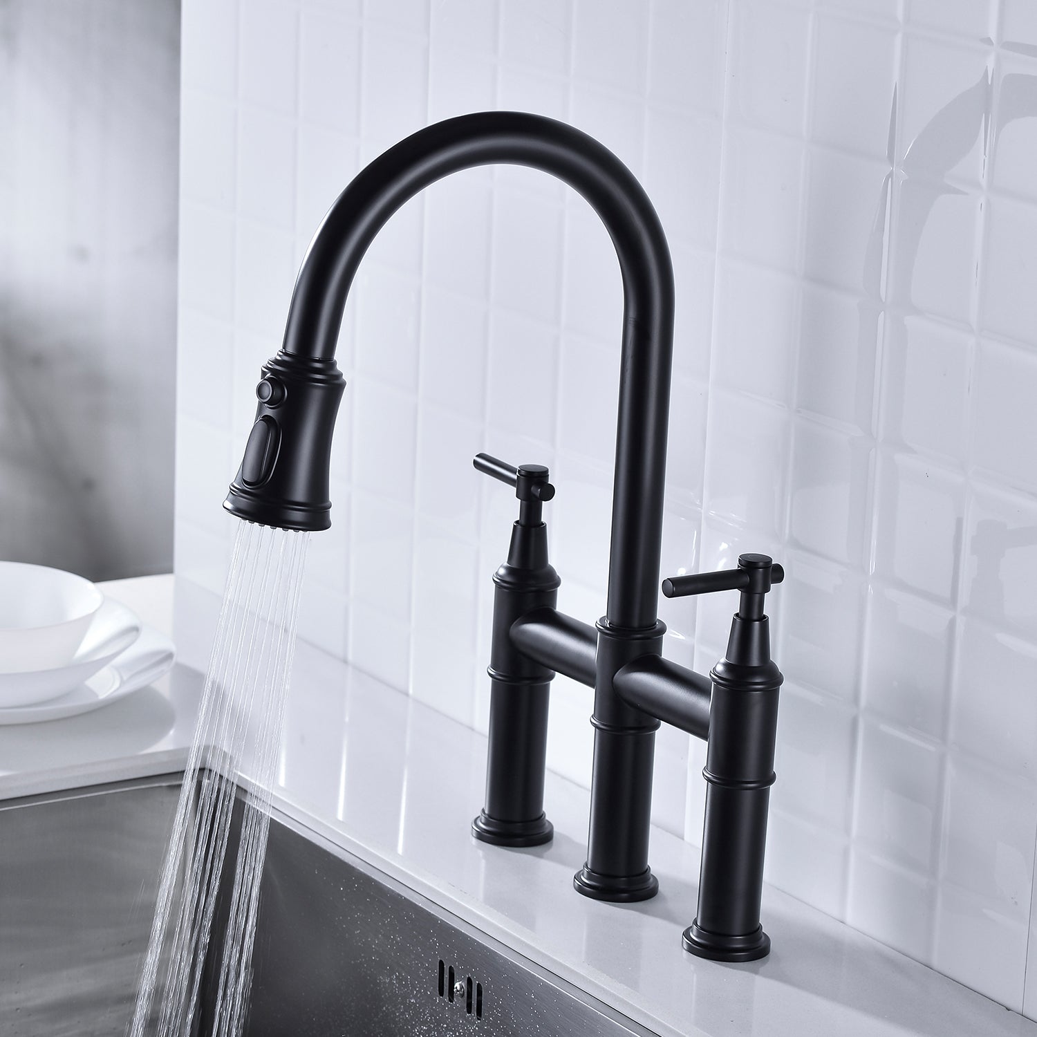 Matte Black Dual-Handle Kitchen Faucet