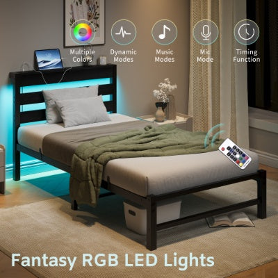 Twin Size LED Platform Bed Frame with USB Charging Station
