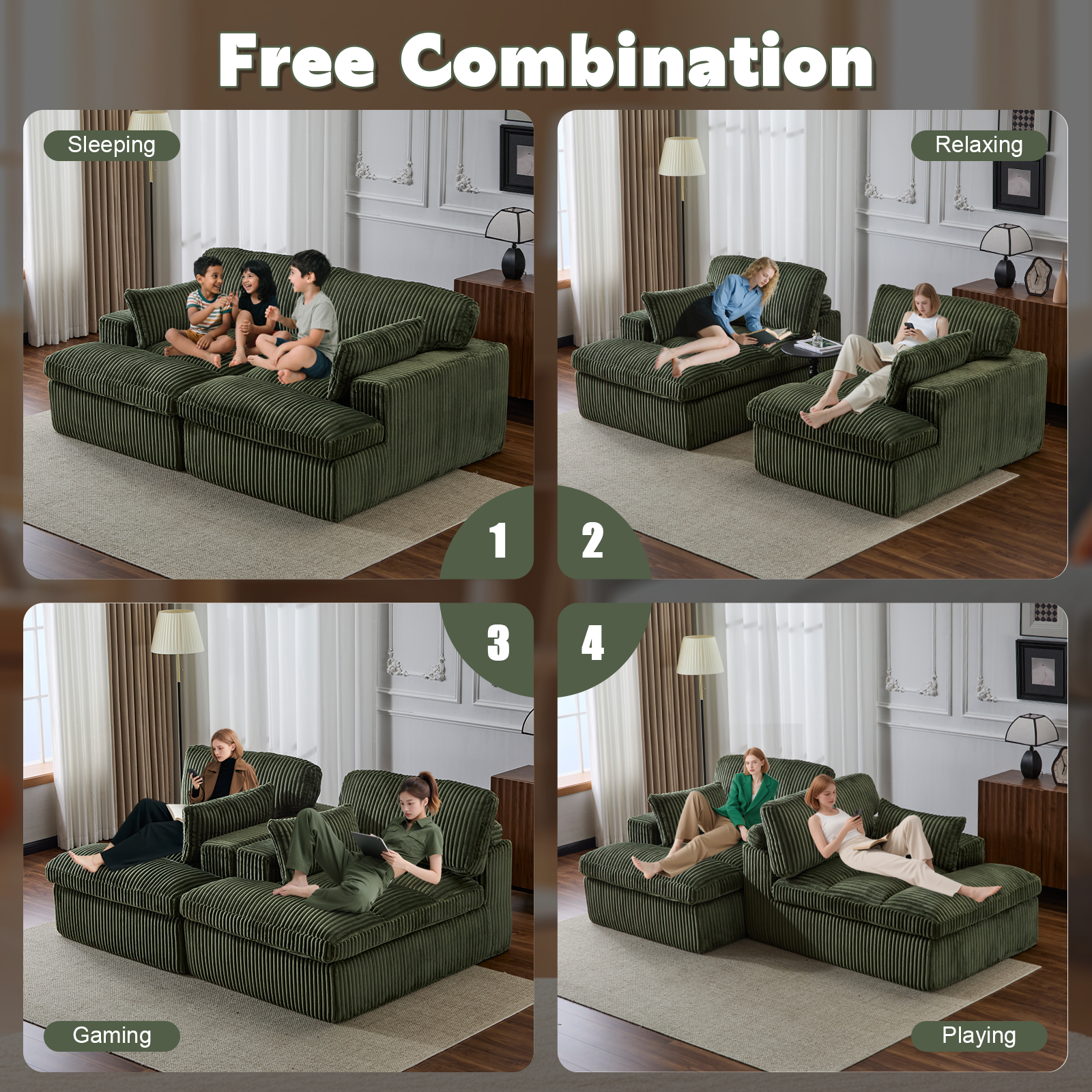 Green Corduroy Chaise Lounge Expansive Seating