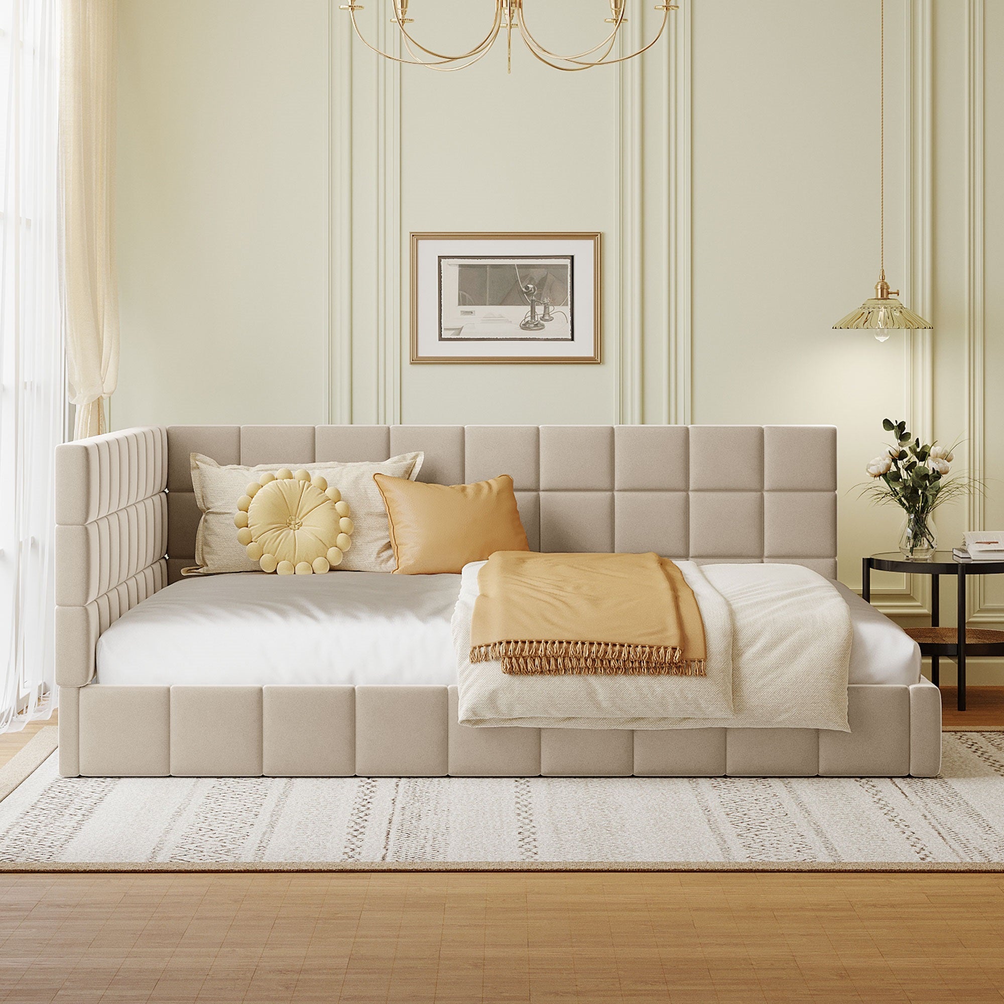Sofá Cama Tapizado de Tamaño Completo, Marco de Sofá Cama - Beige, Terciopelo