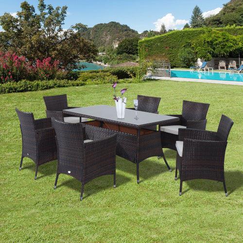 Conjunto de Comedor de Mimbre Outsunny para 6 Personas con Cojines, Conjunto de Muebles de Jardín de Mimbre con 6 Sillones con Brazos, Mesa Rectangular con Tapa de Vidrio, Mesa y Sillas de Comedor al Aire Libre, Marrón
