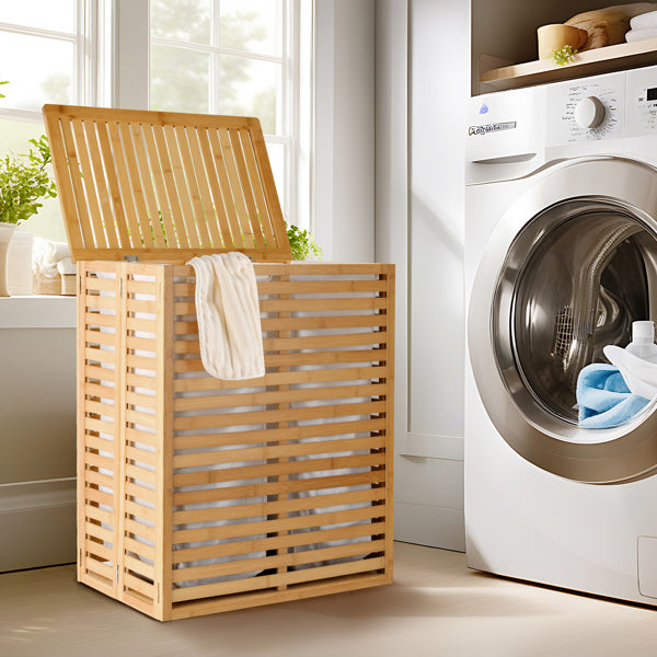 Cesta de Lavandería de Bambú con Tapa - Cesta de Lavandería Plegable con 2 Secciones de Bolsillos Forrados Desmontables para Baño, Dormitorio y Lavandería