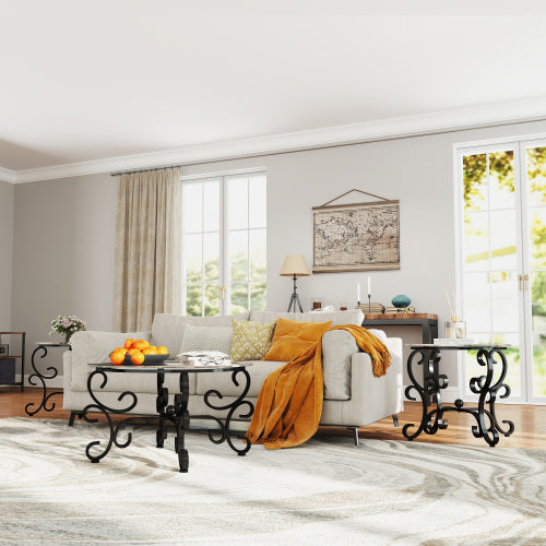 Juego de Mesas de Café de Superficie de Vidrio Templado de 3 Piezas Decoración Mesa de Café