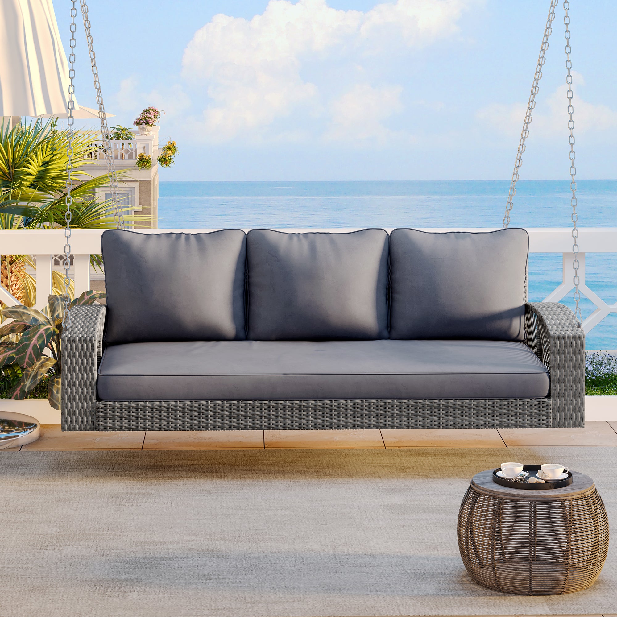 Gray Wicker Porch Swing