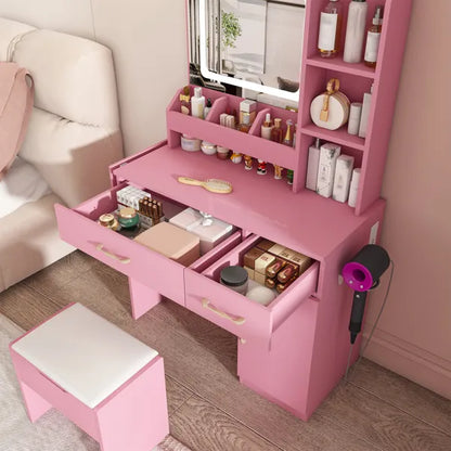 Vanity Desk With LED Mirror Lights And Power Outlet Charging Station, Makeup Dressing Table With 3 Drawers, 7 Shelves And Storage Stool, For Girls And Women (Pink)