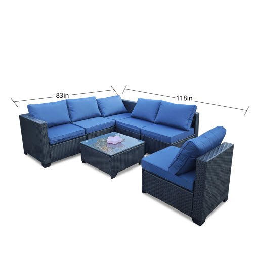 Conjunto de Sofá de Siete Piezas con Mesa y Silla de Sofá en Muebles de Exterior de Ratán PE Negro 7-JH001 Caja 3-1-2-3 con Cojín de Color Azul