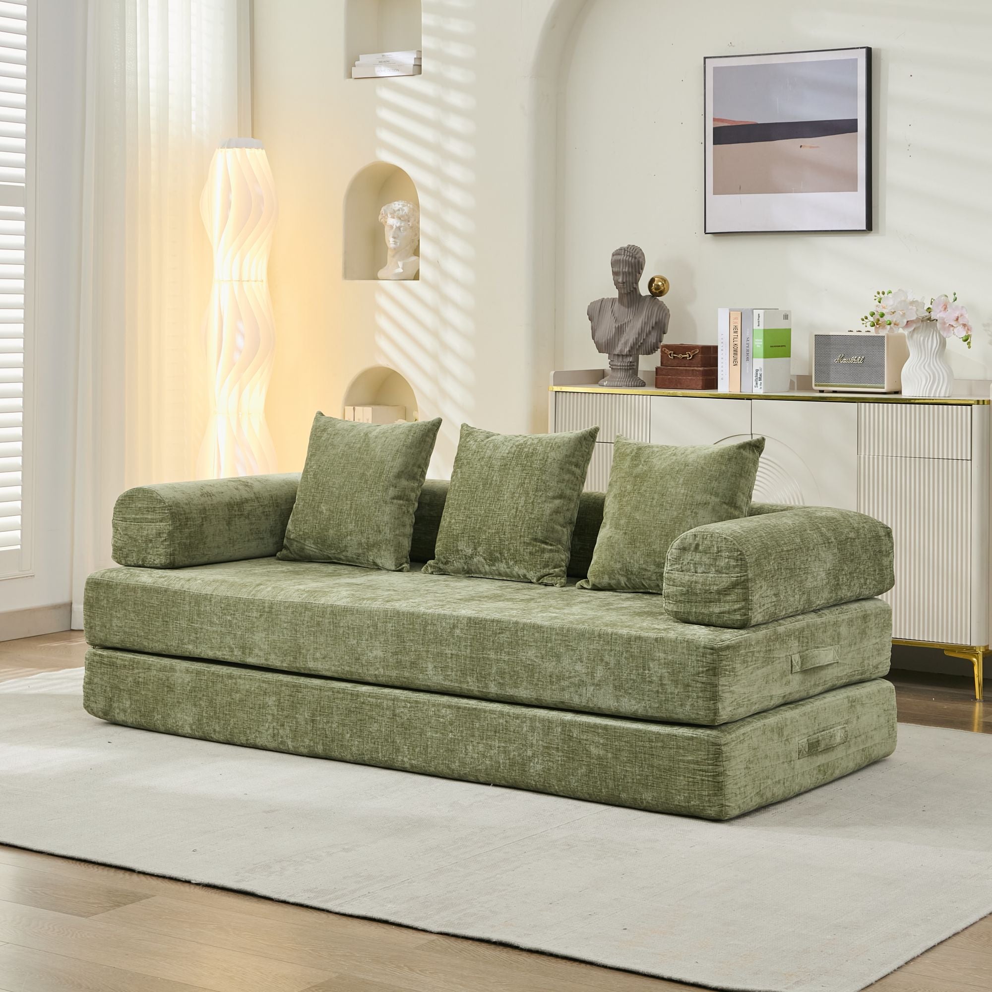 Sofá Colchón Plegable Convertible Cómodo, Sofá Cama para el Suelo, Sofá para el Suelo de Chenille con Reposabrazos, Sofá Lounge para el Suelo para Sala de Estar, Dormitorio, Lounge, Estudio-Verde