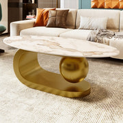 Mesa de Centro Oval Moderna para Sala de Estar, Encimera de Mesa de Centro de Piedra Sinterizada con Patrón de Mármol y Base de Acero Inoxidable Dorado en 47.2