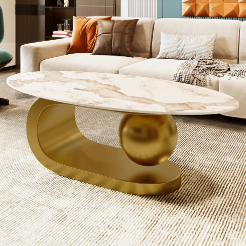 Mesa de Centro Oval Moderna para Sala de Estar, Encimera de Mesa de Centro de Piedra Sinterizada con Patrón de Mármol y Base de Acero Inoxidable Dorado en 47.2