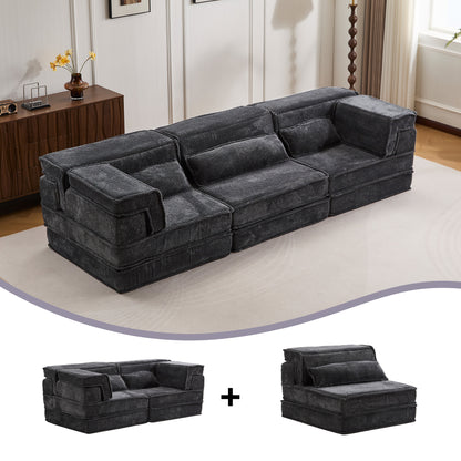 Compression Mahjong Sofa,Convertible Floor Sofa Bed,DIY Boneless Modular Sectional Sofa,No Assembly Required,Circle Fleece Fabric,Oversized 3 Seater With 3 Pillows,Dark-Grey