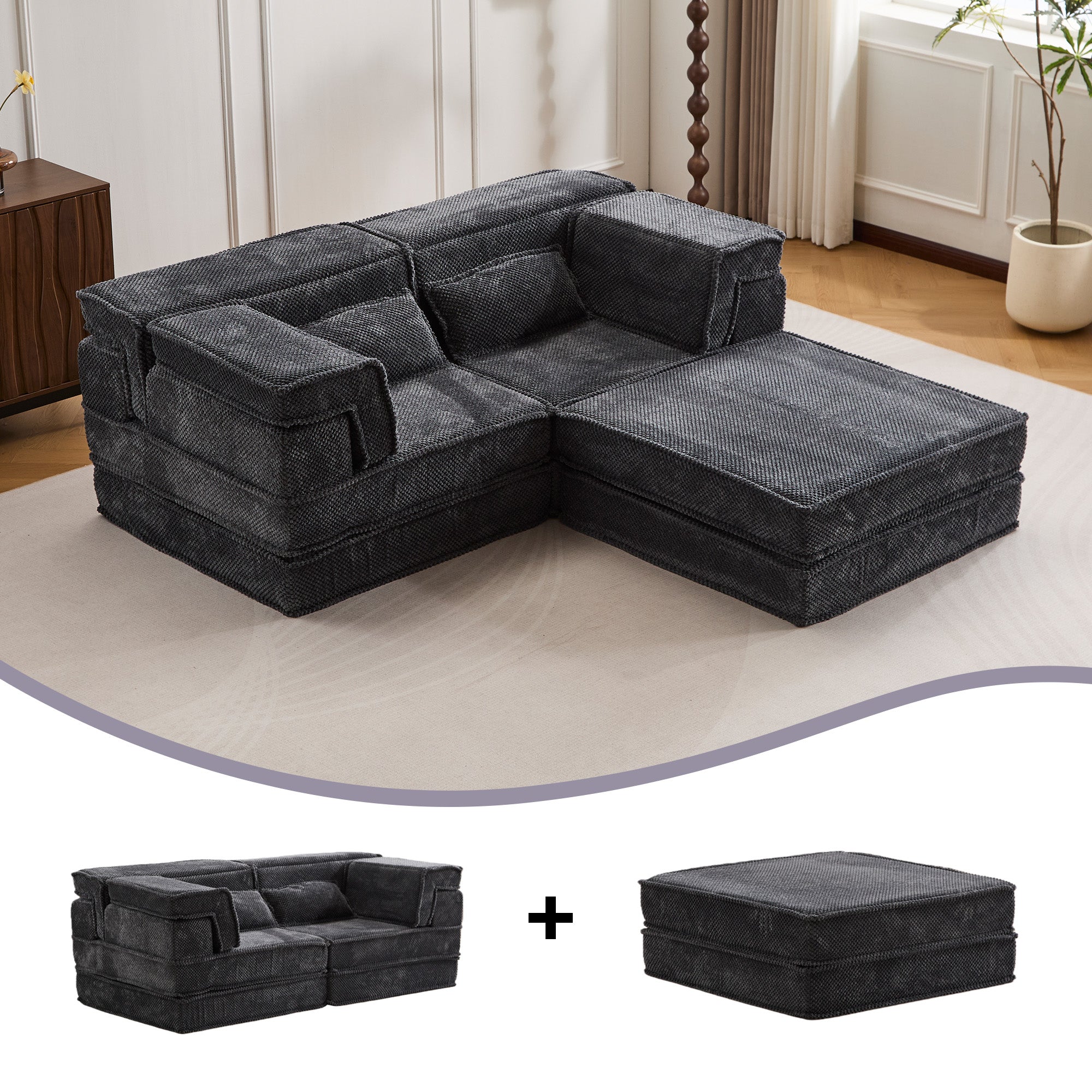 Dark Grey 2-Seater Ottoman
