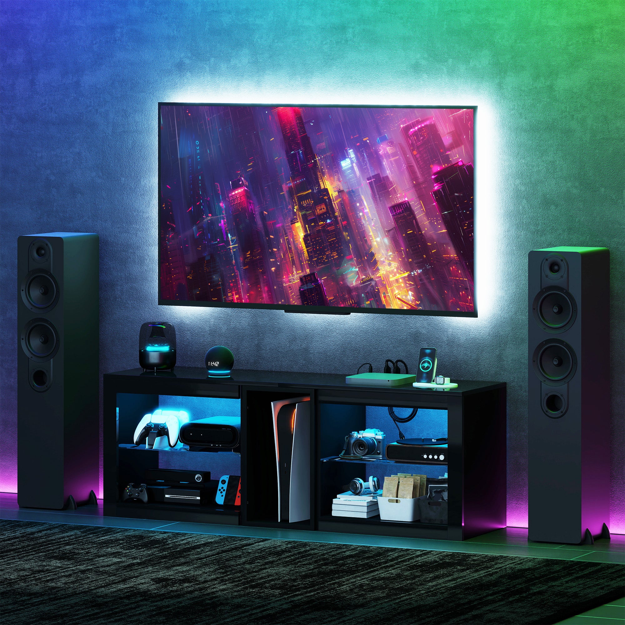 TV-Ständer Center für 55" mit LED-Lichtern und Stromsteckdosen TV-Fernsehschrank mit einstellbaren Regalen Hochglanz