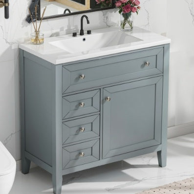 Lavabo de Baño en Madera Maciza con Fregadero de Cerámica de Montaje Inferior, 12 Guías de Cajón de Cierre Suave, Cajón Volteable, Cajón de Almacenamiento Único, Estante Ajustable, Capacidad de Carga de 70 kg, Gris