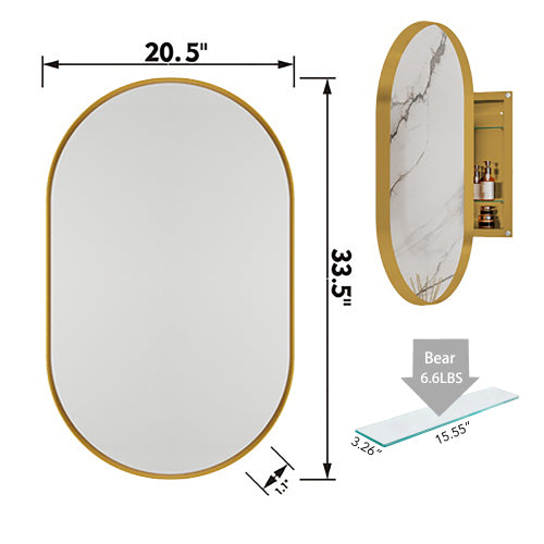 Armario de Medicina Oval Empotrado de 20x34 Pulgadas, Armario de Pared para Baño con Marco de Metal, Espejo y Estantes Ajustables, Espejo de Pared con Almacenamiento para Baño, Oro Mate