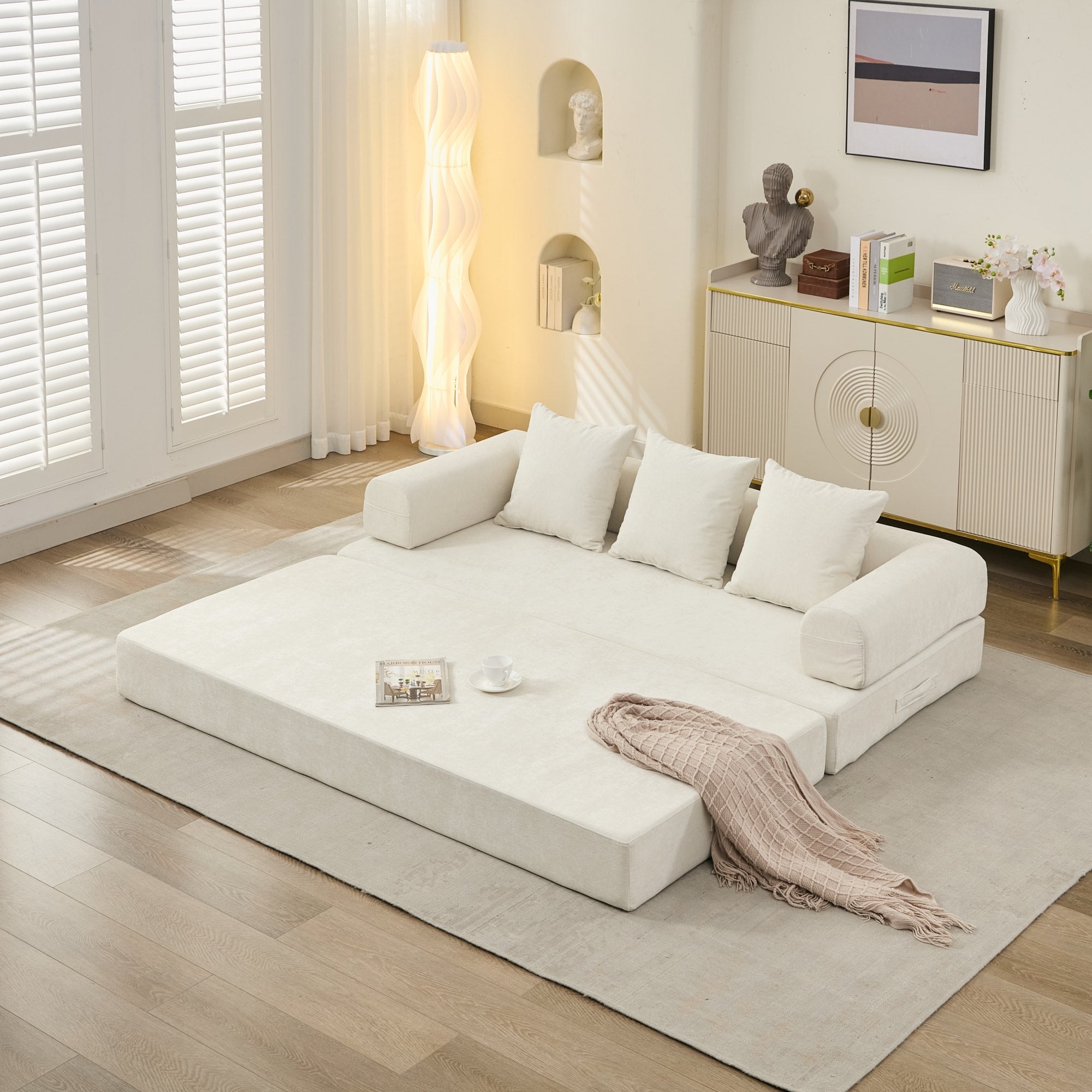 Cómodo Sofá Cama Plegable Convertible, Sofá Cama para el Suelo, Sofá de Suelo de Chenilla con Reposabrazos, Sofá Lounge para el Suelo para Sala de Estar, Dormitorio, Sala de Estar o Estudio-Beige