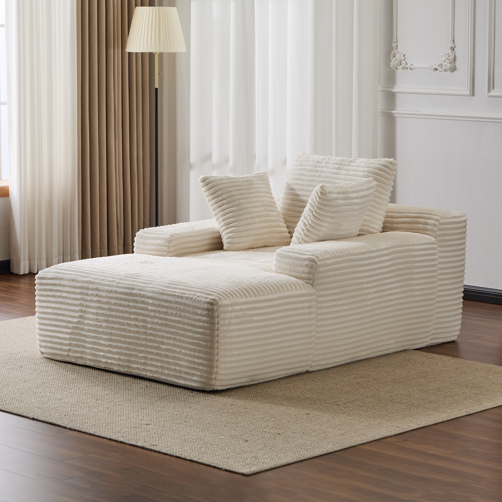 Silla Chaise Longue Sobredimensionada Sofá Nube Acogedor, Sofá Cama Abierto Moderno con Tapicería de Terciopelo Acanalado Mullido con 3 Cojines Decorativos y Reposabrazos Anchos para Sala de Estar, Sin Ensamblaje Requerido, Blanco