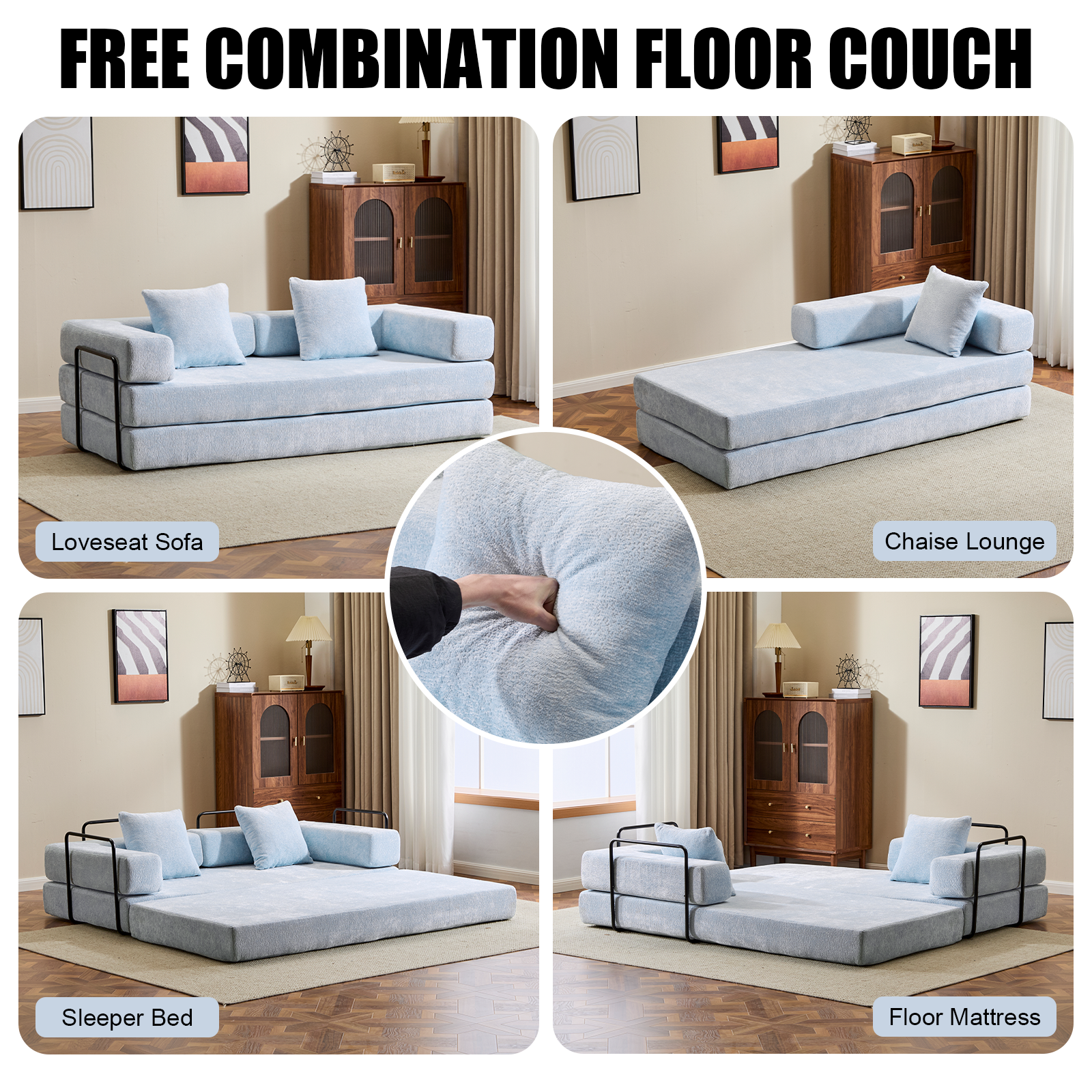 Sofá de Suelo, Sofá con Compresión, Sofá Cama Convertible de Suelo - con Soporte para la Espalda de Almohada y Reposabrazos, Sofá Futón Cómodo para Descanso y Cama para Dormir, Tela de Chenilla, para Sala de Estar y Dormitorio AZUL CLARO
