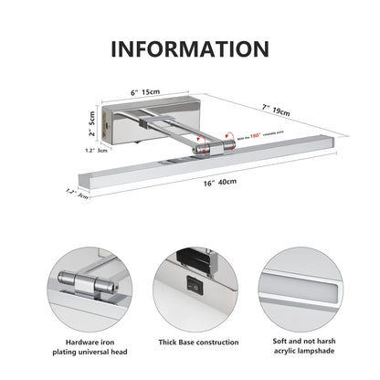 Battery Picture Light, 16 Inch Wireless Picture Light For Painting With Remote,Full Metal Rechargeable Art Light,Wall Sconce Display Lighting For Portrait, Photo Frame,Gallery, -Chrome