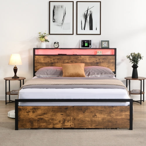 Queen-Size-Bettgestell mit Stauraum-Kopfteil und 2 Schubladen, LED-Licht-Bett mit Lade-Station