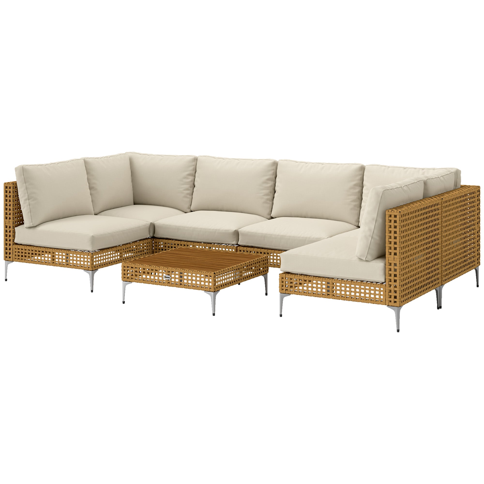 Conjunto de 7 Piezas de Muebles de Patio de Mimbre, Seccional Modular al Aire Libre con Cojines Engrosados, Mesa de Madera de Acacia, Beige Caqui
