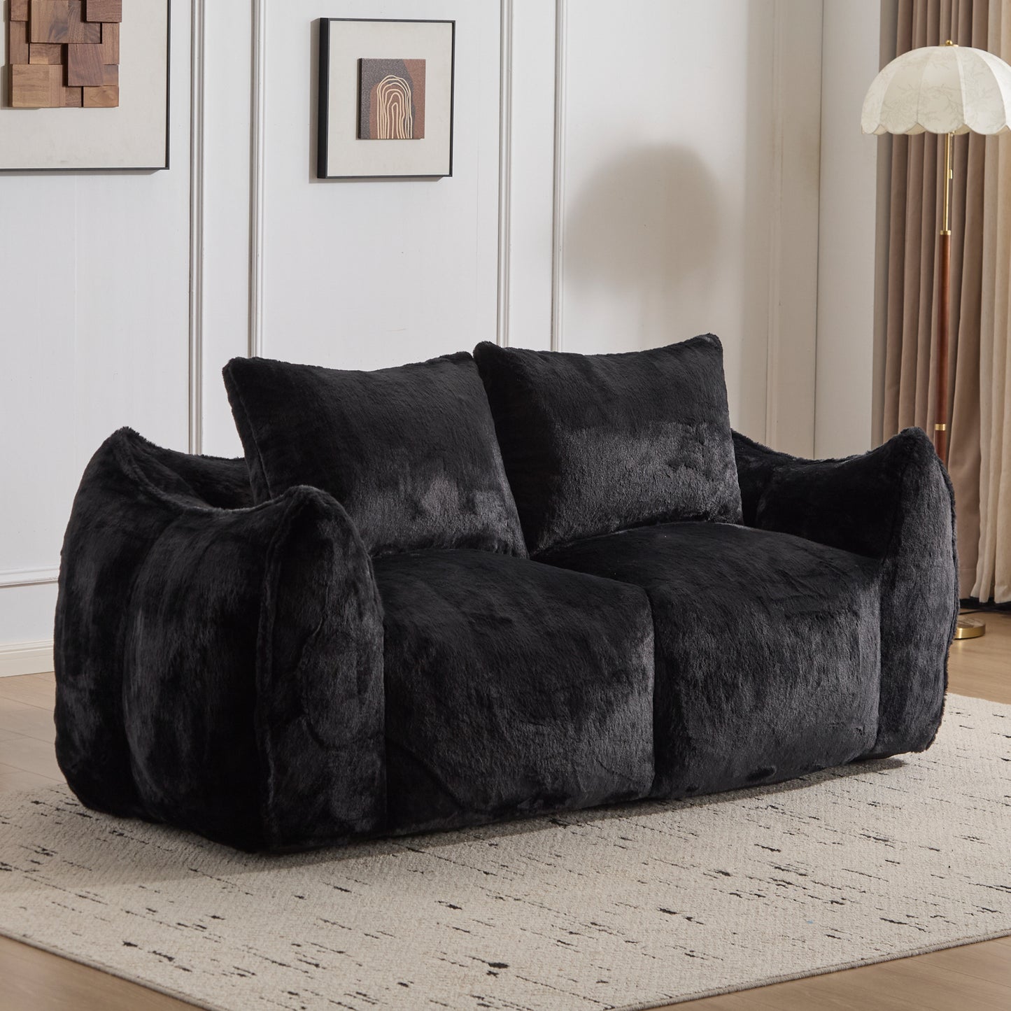 Giant Bean Bag Couch For Adults, Ultra Soft Fluffy Loveseat Bean Bag Sofa, Oversized Chase Lounge Chair Indoor For Living Room Bedroom, No Assembly Required Cozy Reading Chair With Pillows, Black