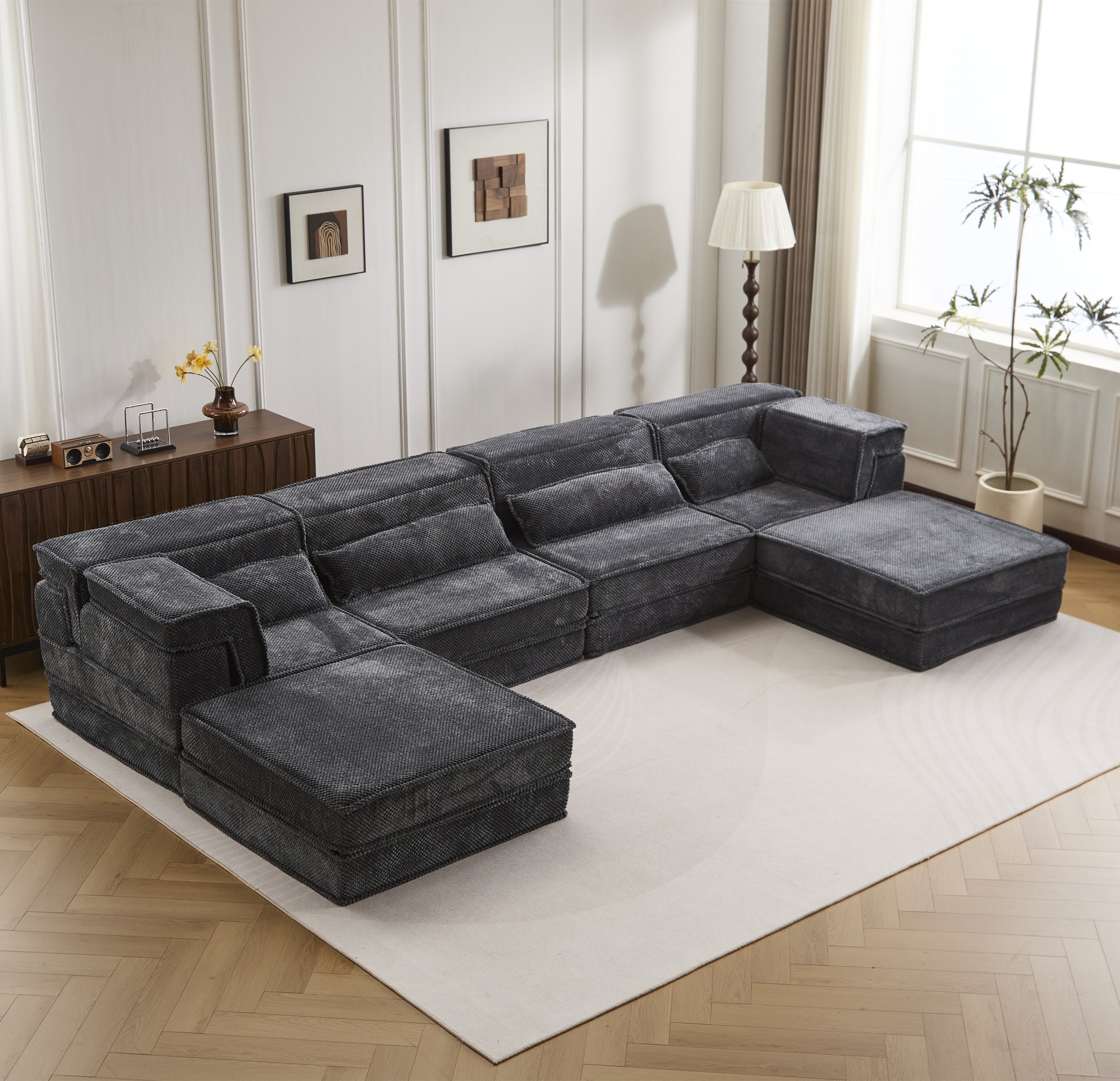 Sofá Mahjong de Compresión, Sofá Cama Convertible para Suelo, Sofá Seccional Modular sin Huesos DIY, Sin Ensamblaje Requerido, Tejido de Felpa Circular, Para 4 Personas Sobredimensionado con 2 Otomanos, Gris Oscuro