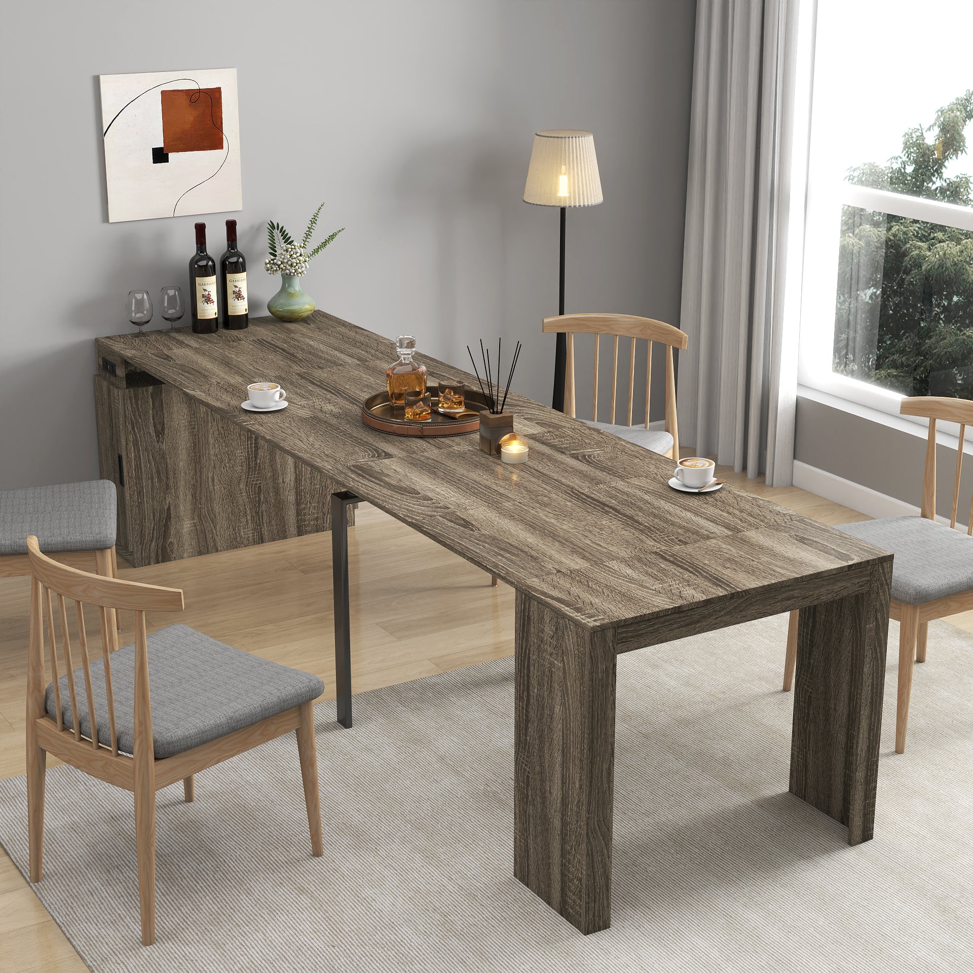 Mesa de Comedor Moderna Multifuncional Extensible con Toma de Corriente, Mesa Expandible Ahorraespacio con Almacenamiento para Fiestas, Bodas, Reuniones, Celebraciones