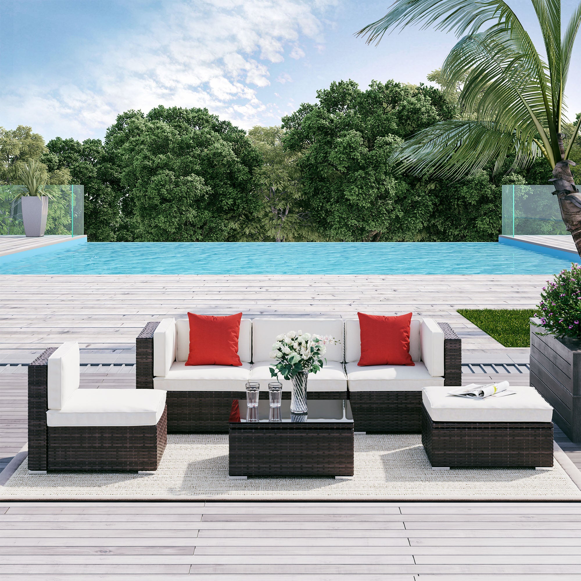 6-teiliges Terrassenmöbel-Set Outdoor-Gesprächsset Ganzjährig wetterbeständiges PE-Modulsofa-Set mit Hocker