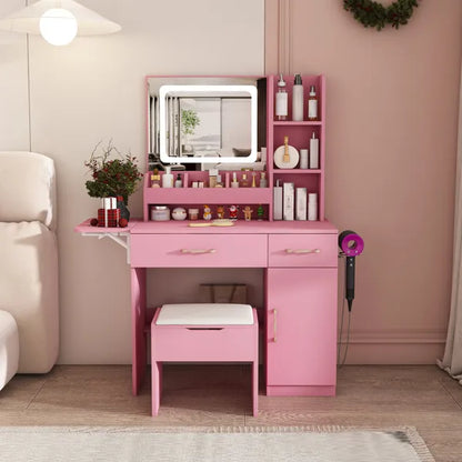 Vanity Desk With LED Mirror Lights And Power Outlet Charging Station, Makeup Dressing Table With 3 Drawers, 7 Shelves And Storage Stool, For Girls And Women (Pink)