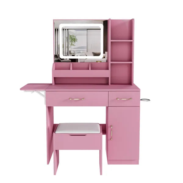 Vanity Desk With LED Mirror Lights And Power Outlet Charging Station, Makeup Dressing Table With 3 Drawers, 7 Shelves And Storage Stool, For Girls And Women (Pink)