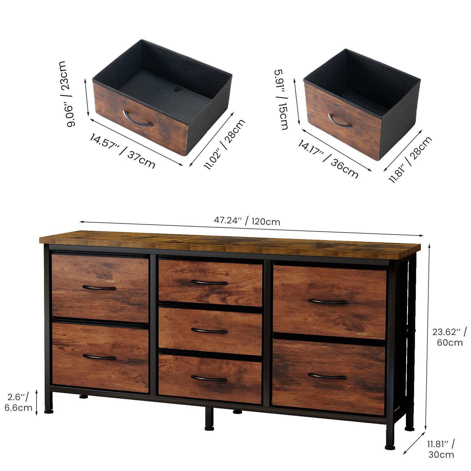Cómoda con Cajones para Dormitorio, Cajones con Tapa de Madera y Estructura de Metal