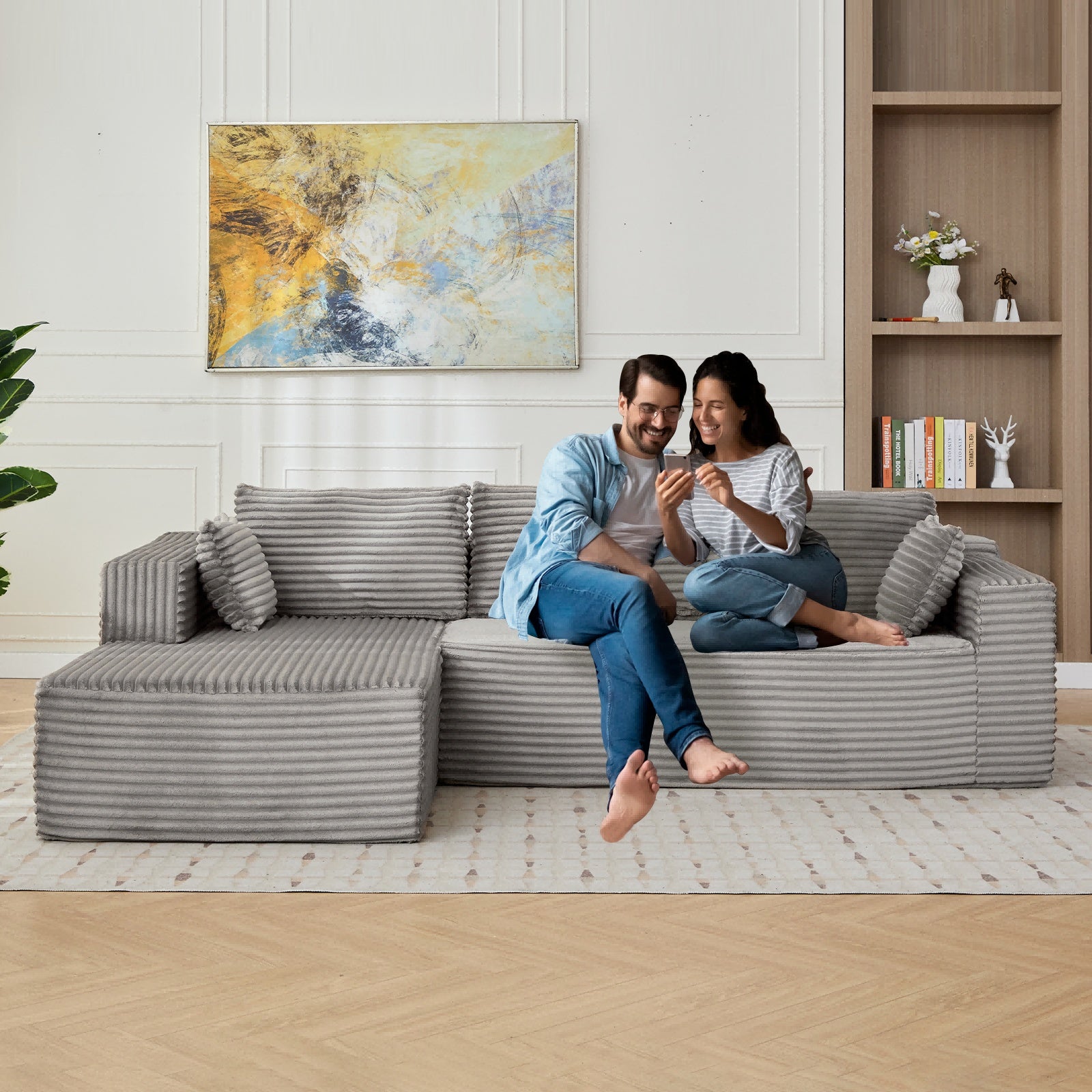Sofá Cama de Compresión en Forma de L con Tela de Corduroy - Sofá Seccional Convertible, Sofá de Suelo Plegable para Dormir, Sala de Estar Ahorraespacio Similar al Franela para Apartamentos Pequeños, Sala de Estar y Sala de Juegos NO TUME