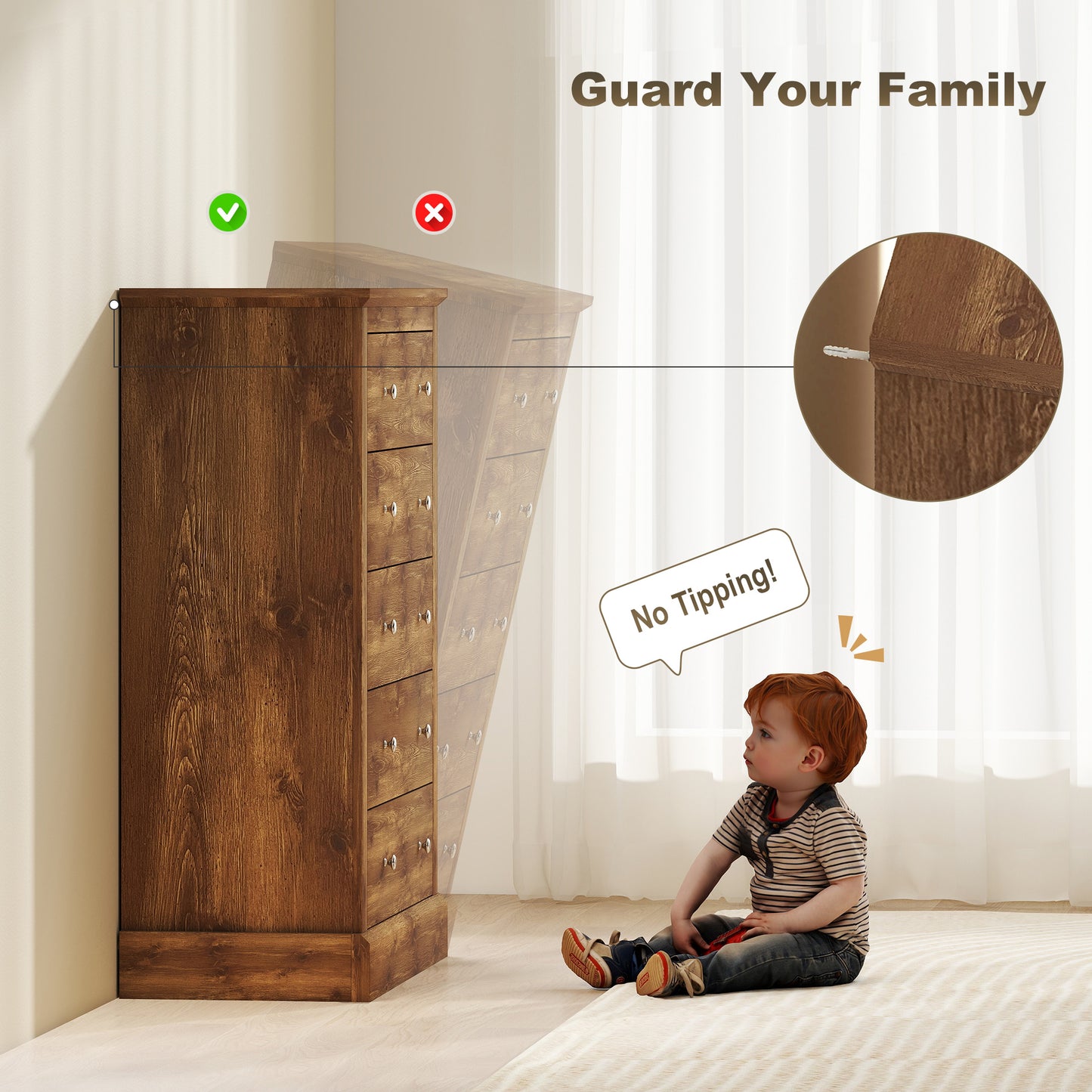 31 Wide Farmhouse Chest Of Drawers With 5 Drawers, Dresser For Bedroom With Wood Top For Living Room, Brown